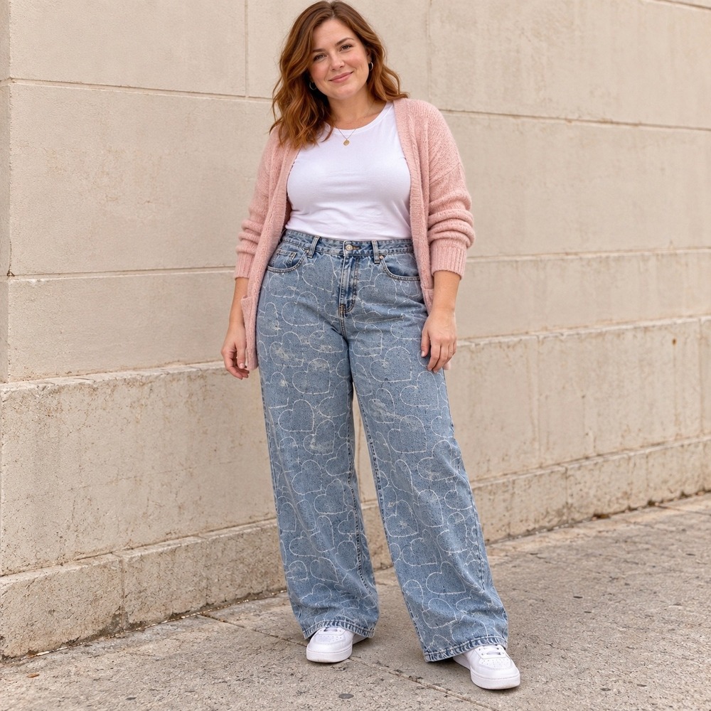 Aeropostale Heart Print Baggy Wide Leg Jeans 16 Regular Light Wash Y2K